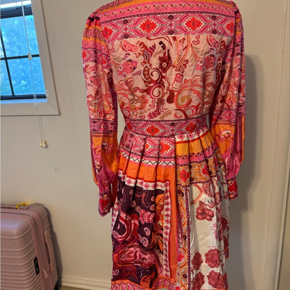 Pink and Orange Long Sleeve V-Neck Sundress - Picture 4 of 7